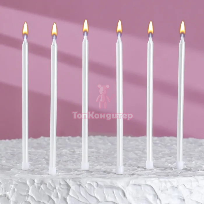 Свечи в торт "Ройс", 6 шт, высокие, 12,5 см, жемчужный металлик